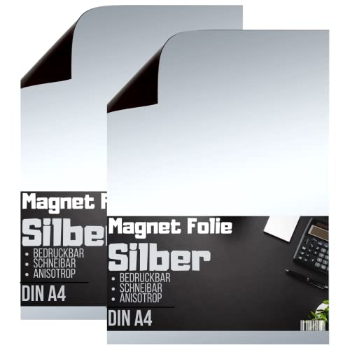 [2 Stück] Magnetfolie DIN A4 - Magnetband - Bedruckbar und Beschreibbar - KFZ Magnetfolie - Magnet Folie zum Beschriften zum Schneiden Stanzen und Basteln (Silber) von Magnet-Kauf