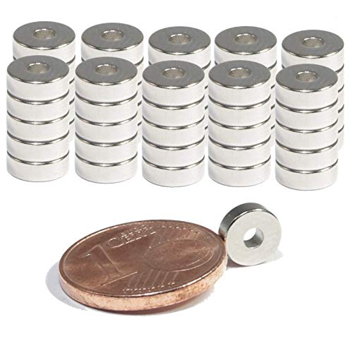 Neodym Magnet Mini Ringmagnete Mit Loch Starker Bohrung 2mm Ringmagnet 6mm x 2mm Scheiben Magnete - Flach Rund - N45 Stark (50) von Magnet-Kauf