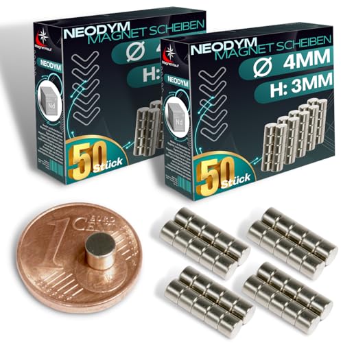 Neodym Magnet N52 Scheibe 490g - Zylinder Magnetscheibe 4mm Durchmesser - 4x3mm Neodym Magnete Runde Scheiben [100 Stück] von Magnet-Kauf