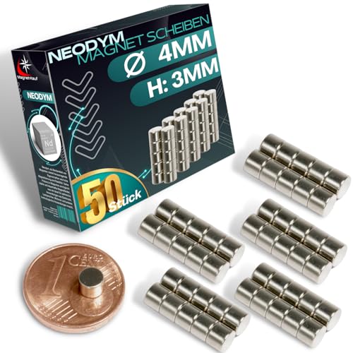 Neodym Magnet N52 4mm x 3mm Scheibe 625g - Zylinder Magnetscheibe 4x3mm - Runde Mini Magnete Rund Scheiben [50 Stück] von Magnet-Kauf