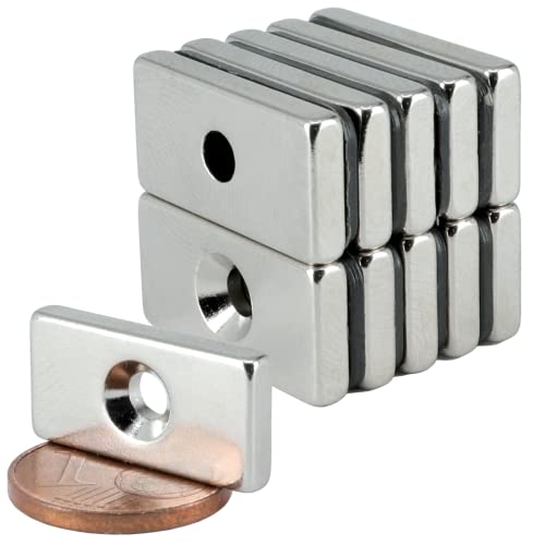Neodym Magnet mit Bohrung und Senkung 20x10x3mm 3 KG Quader - Senkkopfschraube - M3 Senkloch zum anschrauben - Senkbohrung Senkkopf [10 Stück] von Magnet-Kauf