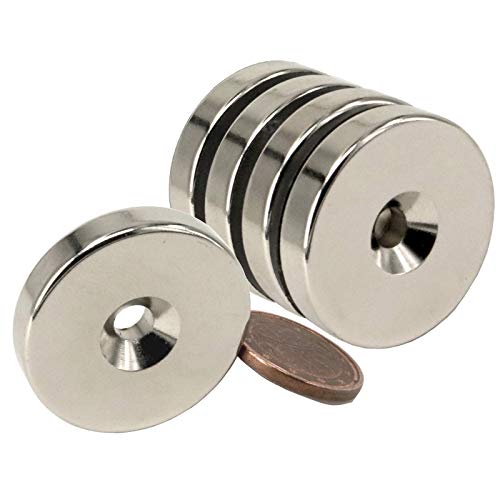 Neodym Magnet mit Bohrung und Senkung 25mm x 5mm 8 KG Scheibe- Senkkopfschraube - M4 Senkloch zum anschrauben - Magnetscheibe Senkbohrung Senkkopf [5 Stück] von Magnet-Kauf