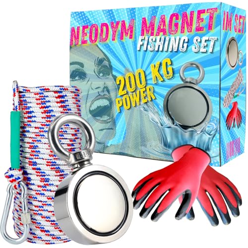 Neodym Magnetangel Set - 48mm - 200KG Zugkraft - Bergemagnet Magnetfischen Komplettset mit 20m Seil Wasserfeste Handschuhe für Magnet Fischen von Magnet-Kauf