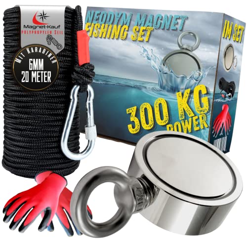 Neodym Magnetangel Set - 60mm - 300 KG Zugkraft - Bergemagnet Magnetfischen Komplettset mit 20m Seil Wasserfeste Handschuhe für Magnet Fischen von Magnet-Kauf