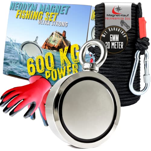 Neodym Magnetangel Set - 94mm - 600KG Zugkraft - Bergemagnet Magnetfischen Komplettset mit 20m Seil Wasserfeste Handschuhe für Magnet Fischen von Magnet-Kauf