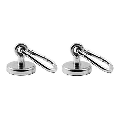 Magnetastico® | 2 Stück Neodym N35 Ösenmagnete mit Karabiner 42 mm Ø | Haltekraft 68 Kilogramm | Extra starke Neodymium Karabinerhaken-Topfmagnete mit Öse bzw. Ringschraube verzinkt von Magnetastico