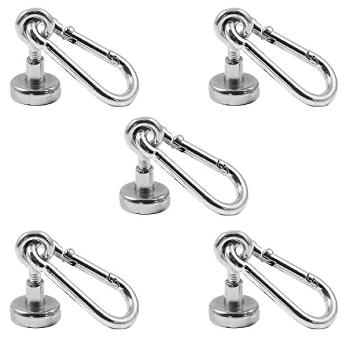 Magnetastico® | 5 Stück Neodym N35 Ösenmagnete mit Karabiner 16 mm Ø | Haltekraft 5.5 Kilogramm | Starke Neodym Karabinerhaken-Topfmagnete mit Öse bzw. Ringschraube verzinkt von Magnetastico