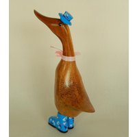 Ente Aus Bambus Wurzel Und Holz Mit Blauen Stiefeln Hut 29 cm Laufente Für Haus Terrasse Garten Landhaus Vintage von MagnoKreativ