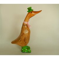 Ente Aus Bambus Wurzel Und Holz Mit Grünen Stiefeln Hut 29 cm Laufente Für Haus Terrasse Garten Landhaus Vintage von MagnoKreativ