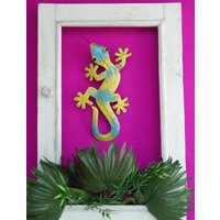 Gecko Eidechse Salamander Echse Wanddeko Metall Gelb-Türkis 30 cm Gartendeko Blechfigur Gecko Eidechse Salamander Echse Wanddeko Metall Gelb-Türkis 30 cm Gartendeko Blechfigur von MagnoKreativ