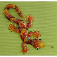 Gecko Eidechse Salamander Echse Wanddeko Metall Weisse Punkte 30 cm Gartendeko Blechfigur von MagnoKreativ