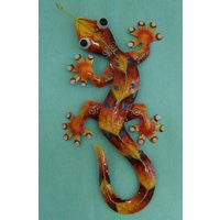 Gecko Eidechse Salamander Echse Wanddeko Metall Weiße Punkte 40 cm Gartendeko Blechfigur von MagnoKreativ