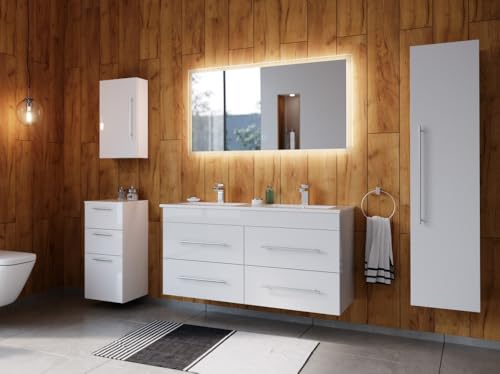 Magnolia Home Badmöbelset Helios 5-teilig LED Spiegel Hoch- Seiten- Midischrank Varianten Weiss Hochglanz von Magnolia Home
