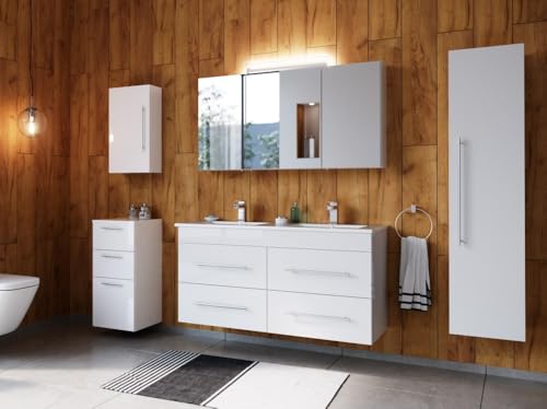 Magnolia Home Badmöbelset Helios 5-teilig Spiegelschrank Hoch- Seiten- Midischrank Varianten Weiss Hochglanz von Magnolia Home