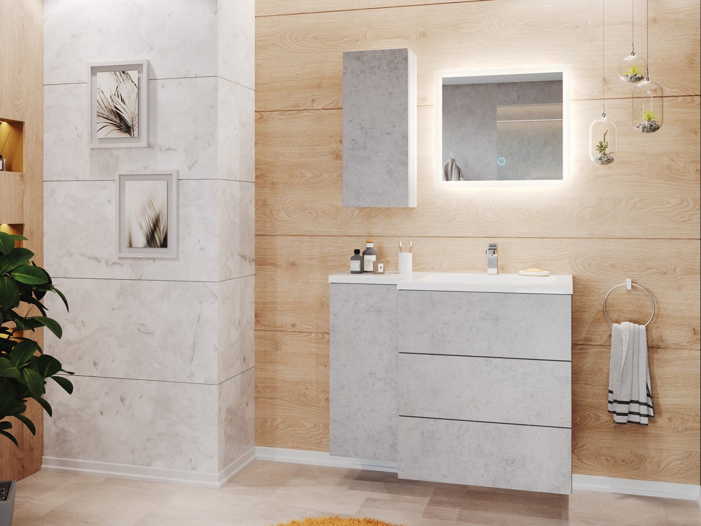 Magnolia Home Badmöbel-Set Badblock Adelia links 3er Set LED-Spiegel Hängeschrank beton von Magnolia Home