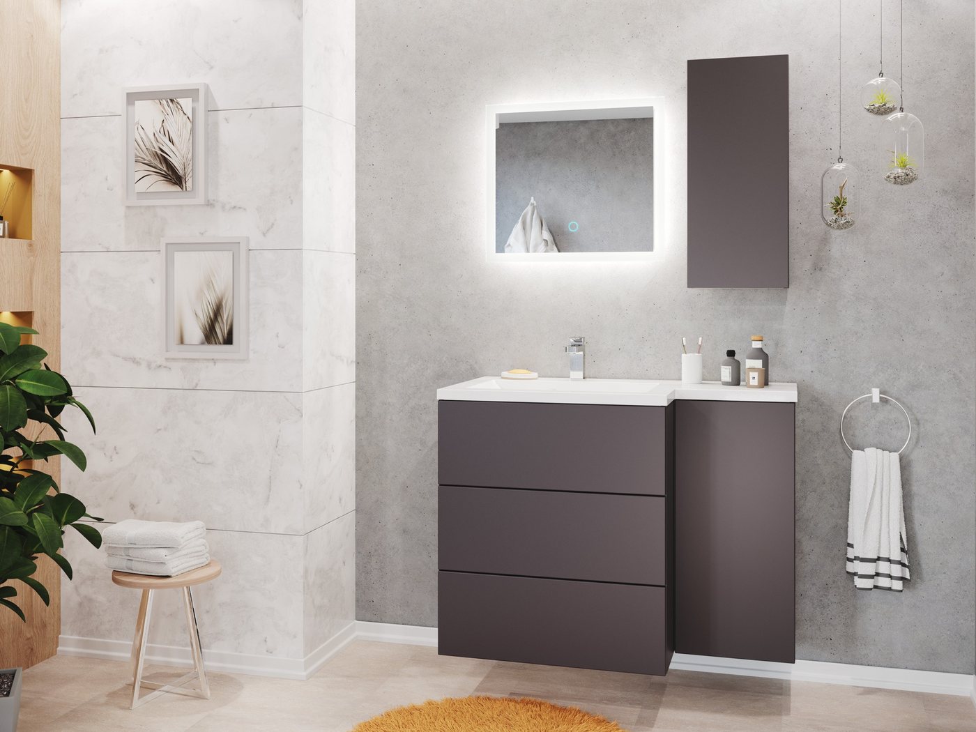 Magnolia Home Badmöbel-Set Badblock ELISA rechts 3er Set LED-Spiegel Hängeschrank anthrazit von Magnolia Home