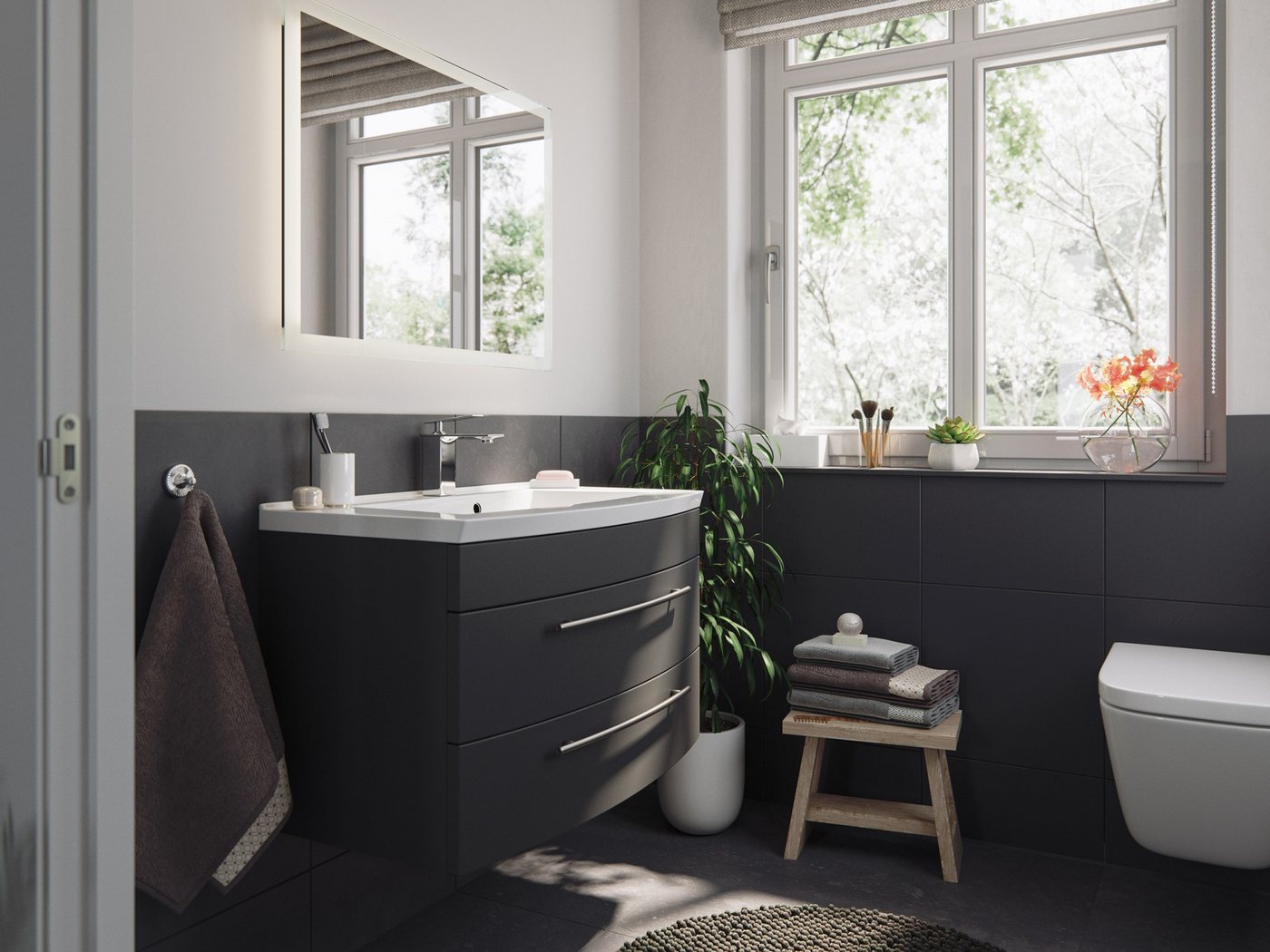 Magnolia Home Badmöbel-Set Badmöbel Bella 80 mit runder Front SoftClose anthrazit LED Spiegel von Magnolia Home