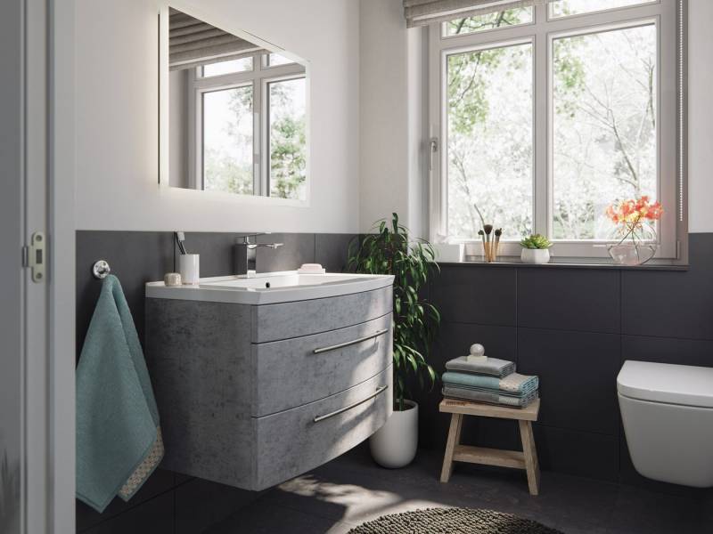 Magnolia Home Badmöbel-Set Badmöbel Bella 80 mit runder Front SoftClose beton LED Spiegel von Magnolia Home
