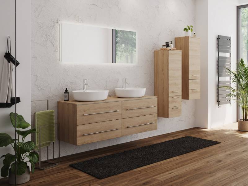 Magnolia Home Badmöbel-Set Badmöbel-Set CHARLIE B 143 Aufsatzbecken 2 Badschränke & Spiegel eich von Magnolia Home