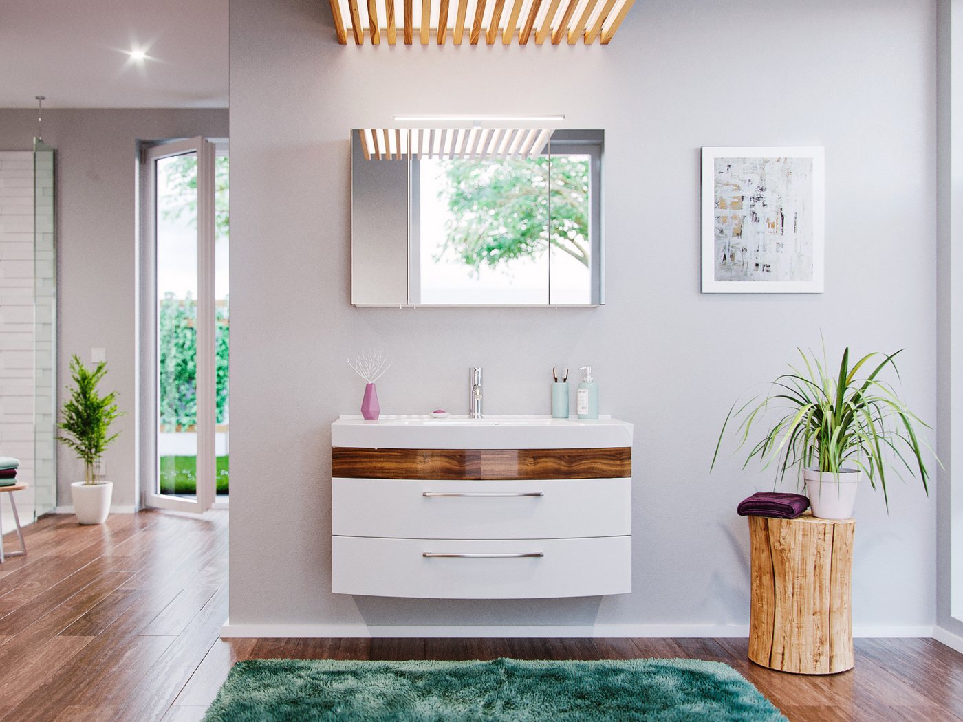 Magnolia Home Badmöbel-Set Badmöbel-Set EEK: A Malema in Walnuss- weiß mit abgerundeter Front 3- von Magnolia Home