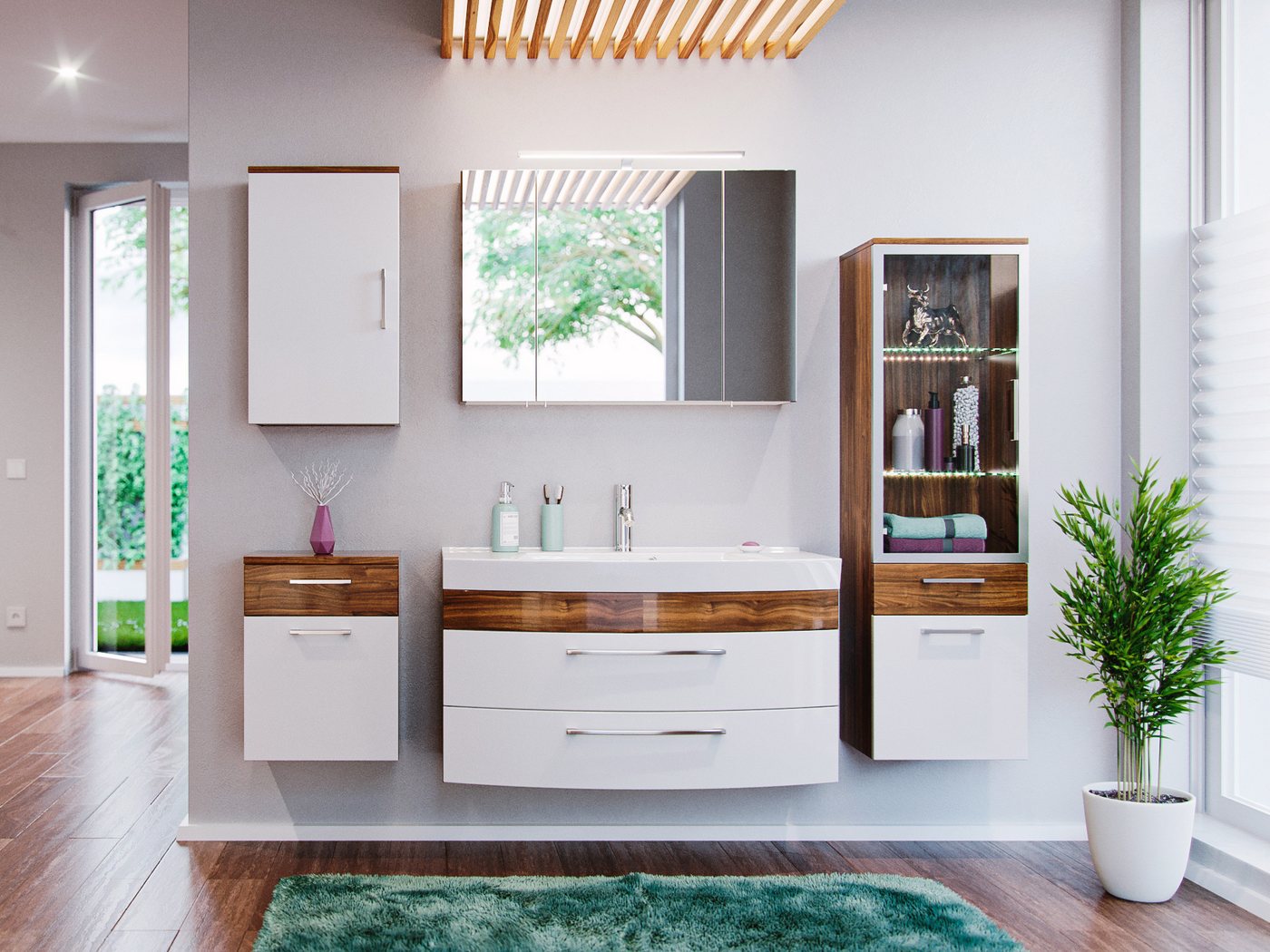 Magnolia Home Badmöbel-Set Badmöbel-Set EEK: A Malema in Walnuss- weiß mit abgerundeter Front 6-t von Magnolia Home