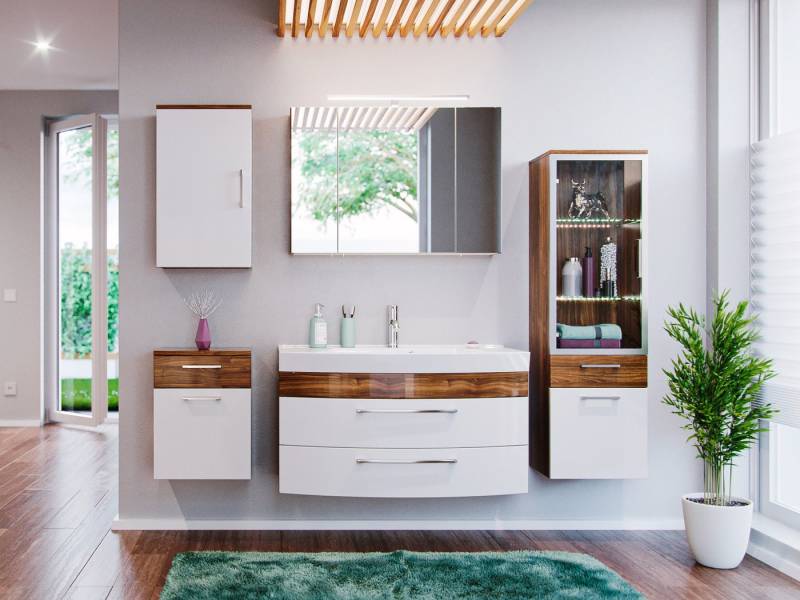 Magnolia Home Badmöbel-Set Badmöbel-Set EEK: A Malema in Walnuss- weiß mit abgerundeter Front 6-t von Magnolia Home