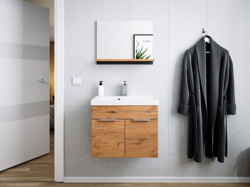Magnolia Home Badmöbel-Set Badmöbel-Set Slimline Vega 2tlg mit Spiegel SoftClose Oak / grafit mat von Magnolia Home