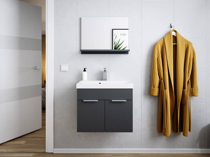 Magnolia Home Badmöbel-Set Badmöbel-Set Slimline Vega 2tlg mit Spiegel SoftClose grafit ST/grafit, Soft-Close von Magnolia Home