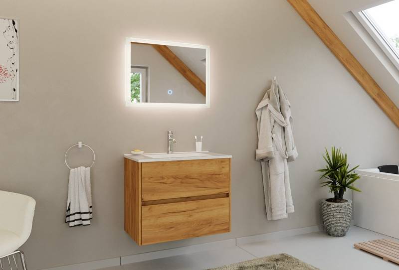Magnolia Home Badmöbel-Set Badmöbel Set Taifun 2tlg. 70cm mit LED Spiegel eiche gold von Magnolia Home