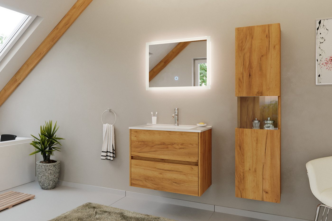 Magnolia Home Badmöbel-Set Badmöbel Set Taifun 3tlg. 70cm mit LED Spiegel & Hochschrank eiche gol Magnolia Home Badmöbel-Set Badmöbel Set Taifun 3tlg. 70cm mit LED Spiegel & Hochschrank eiche gol von Magnolia Home