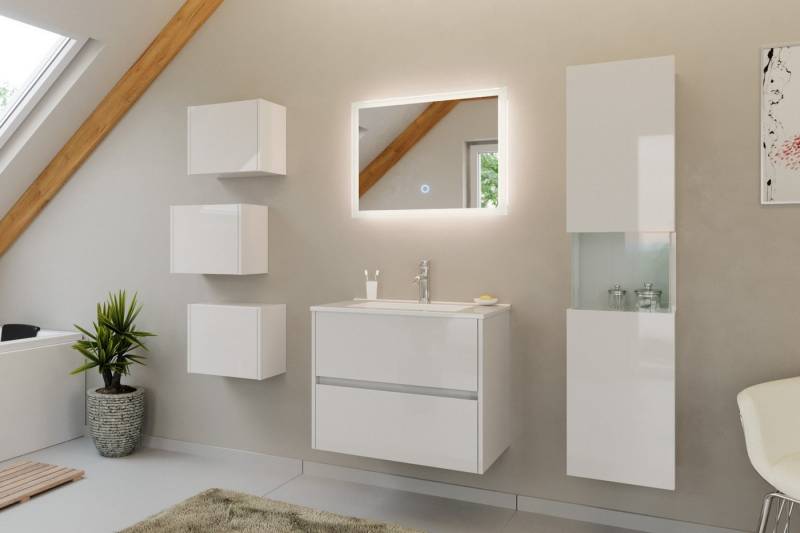 Magnolia Home Badmöbel-Set Badmöbel Set Taifun 4tlg. 70cm mit LED Spiegel 3er Boxen & Hochschrank von Magnolia Home