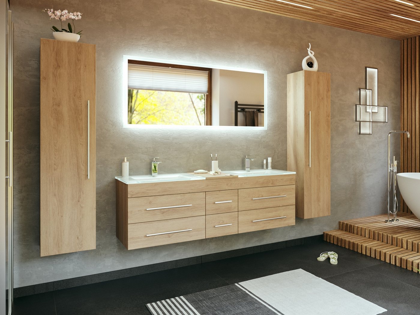 Magnolia Home Badmöbel-Set Badmöbel-Set Vitro XL 4-tlg. inkl. Glasbecken LED-Spiegel SoftClose ei von Magnolia Home