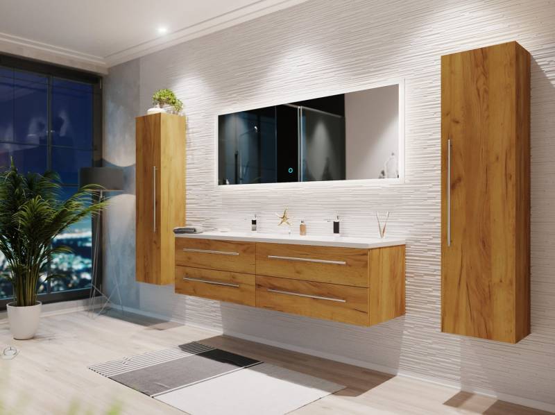 Magnolia Home Badmöbel-Set Badmöbelset Colossos160 4-teilig LED Spiegel 2x Hochschrank eiche gold von Magnolia Home