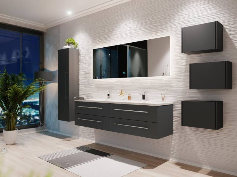 Magnolia Home Badmöbel-Set Badmöbelset Colossos160 4-teilig LED Spiegel Hochschrank 3er Boxen gra von Magnolia Home
