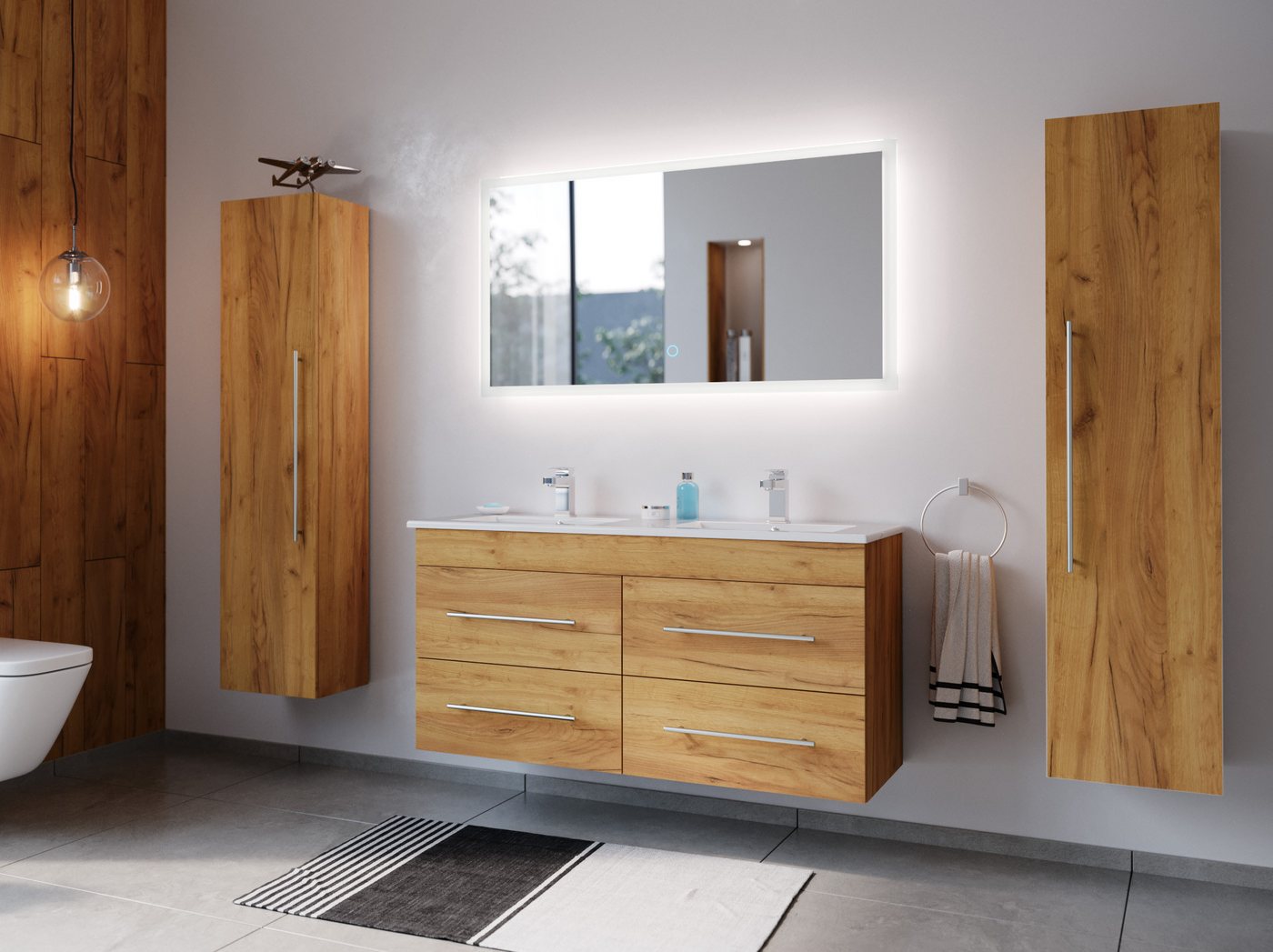 Magnolia Home Badmöbel-Set Badmöbelset Helios 4-teilig LED Spiegel 2x Hochschrank eiche gold Magnolia Home Badmöbel-Set Badmöbelset Helios 4-teilig LED Spiegel 2x Hochschrank eiche gold von Magnolia Home