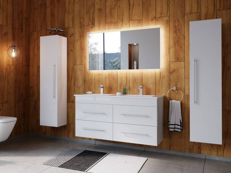 Magnolia Home Badmöbel-Set Badmöbelset Helios 4-teilig LED Spiegel 2x Hochschrank weisshochglanz von Magnolia Home