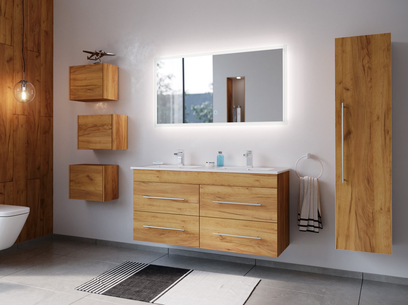 Magnolia Home Badmöbel-Set Badmöbelset Helios 4-teilig LED Spiegel Hochschrank 3er Boxen eiche go Magnolia Home Badmöbel-Set Badmöbelset Helios 4-teilig LED Spiegel Hochschrank 3er Boxen eiche go von Magnolia Home