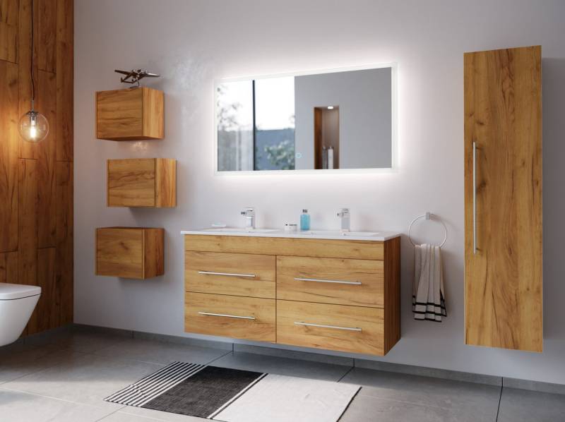 Magnolia Home Badmöbel-Set Badmöbelset Helios 4-teilig LED Spiegel Hochschrank 3er Boxen eiche go von Magnolia Home