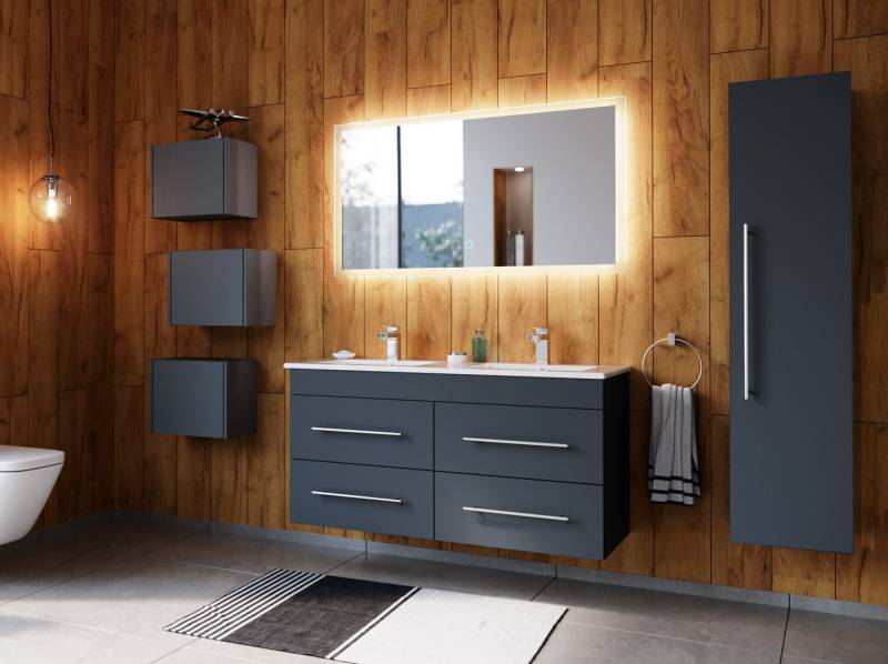 Magnolia Home Badmöbel-Set Badmöbelset Helios 4-teilig LED Spiegel Hochschrank 3er Boxen grafit von Magnolia Home