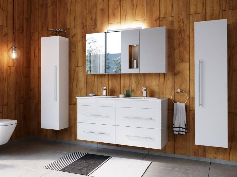 Magnolia Home Badmöbel-Set Badmöbelset Helios 4-teilig Spiegelschrank 2x Hochschrank weiss hochgl von Magnolia Home