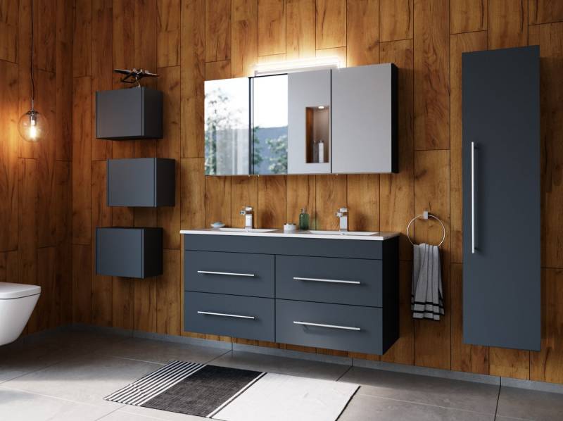 Magnolia Home Badmöbel-Set Badmöbelset Helios 4-teilig Spiegelschrank Hochschrank 3er Boxen grafi von Magnolia Home