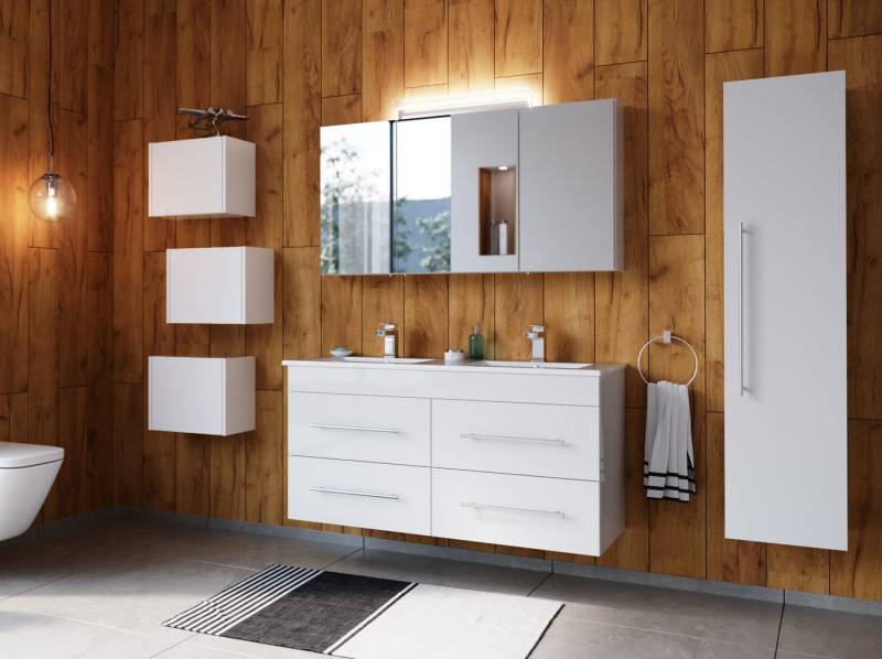 Magnolia Home Badmöbel-Set Badmöbelset Helios 4-teilig Spiegelschrank Hochschrank 3er Boxen weiss von Magnolia Home