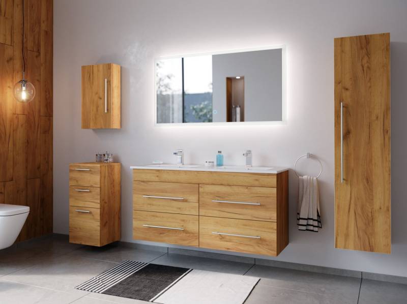 Magnolia Home Badmöbel-Set Badmöbelset Helios 5-teilig LED Spiegel Hoch- Seiten- Midischrank eich von Magnolia Home