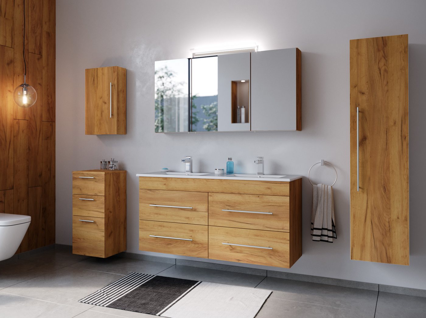Magnolia Home Badmöbel-Set Badmöbelset Helios 5-teilig Spiegelschrank Hoch- Seiten- Midischrank e von Magnolia Home