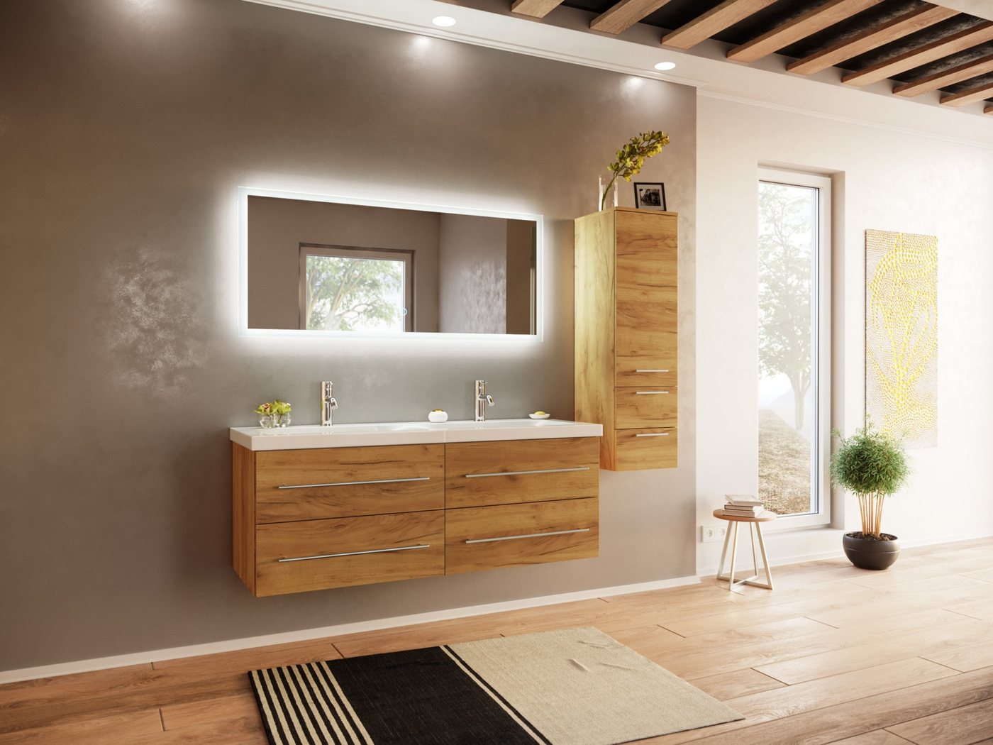 Magnolia Home Badmöbel-Set Badmöbelset Persepolis XL 3-teilig LED-Spiegel Seitenschrank eiche gol von Magnolia Home
