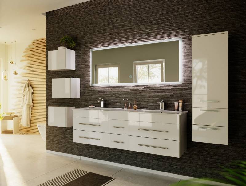 Magnolia Home Badmöbel-Set Badmöbelset Roma XL 4-teilig LED-Spiegel Seitenschrank 3er Boxen weiss von Magnolia Home