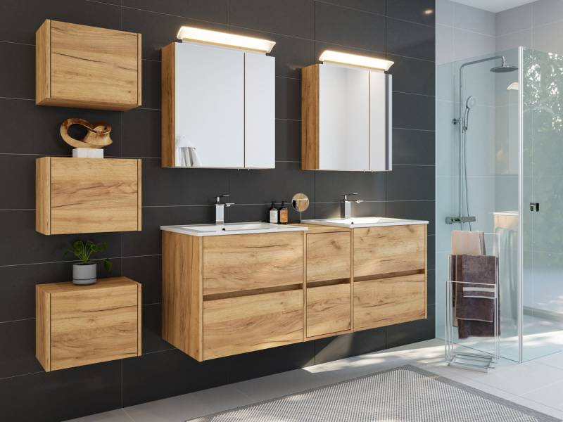 Magnolia Home Badmöbel-Set Badmöbelset Taifun 150cm 4tlg mit 2x Spiegelschrank & 3er Boxen Set ei von Magnolia Home