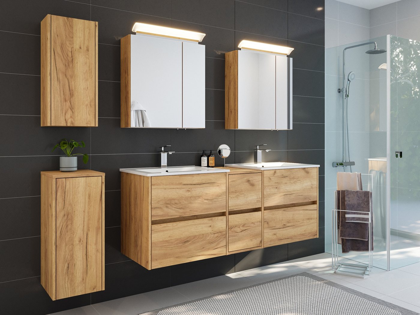 Magnolia Home Badmöbel-Set Badmöbelset Taifun 150cm 5tlg mit 2x Spiegelschrank & 2x Badschrank ei von Magnolia Home