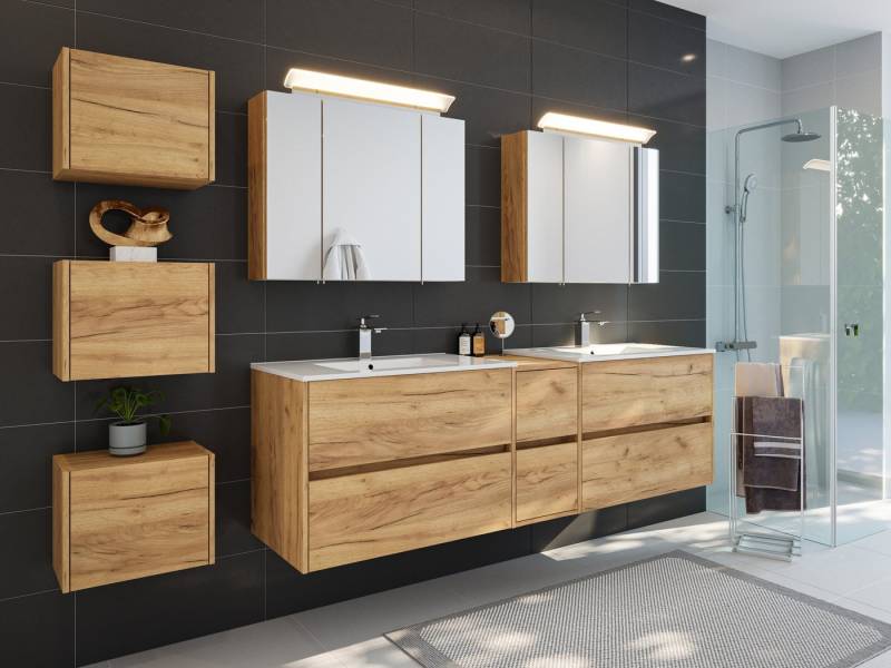 Magnolia Home Badmöbel-Set Badmöbelset Taifun 190cm 4tlg mit 2x Spiegelschrank & 3er Boxen Set ei von Magnolia Home