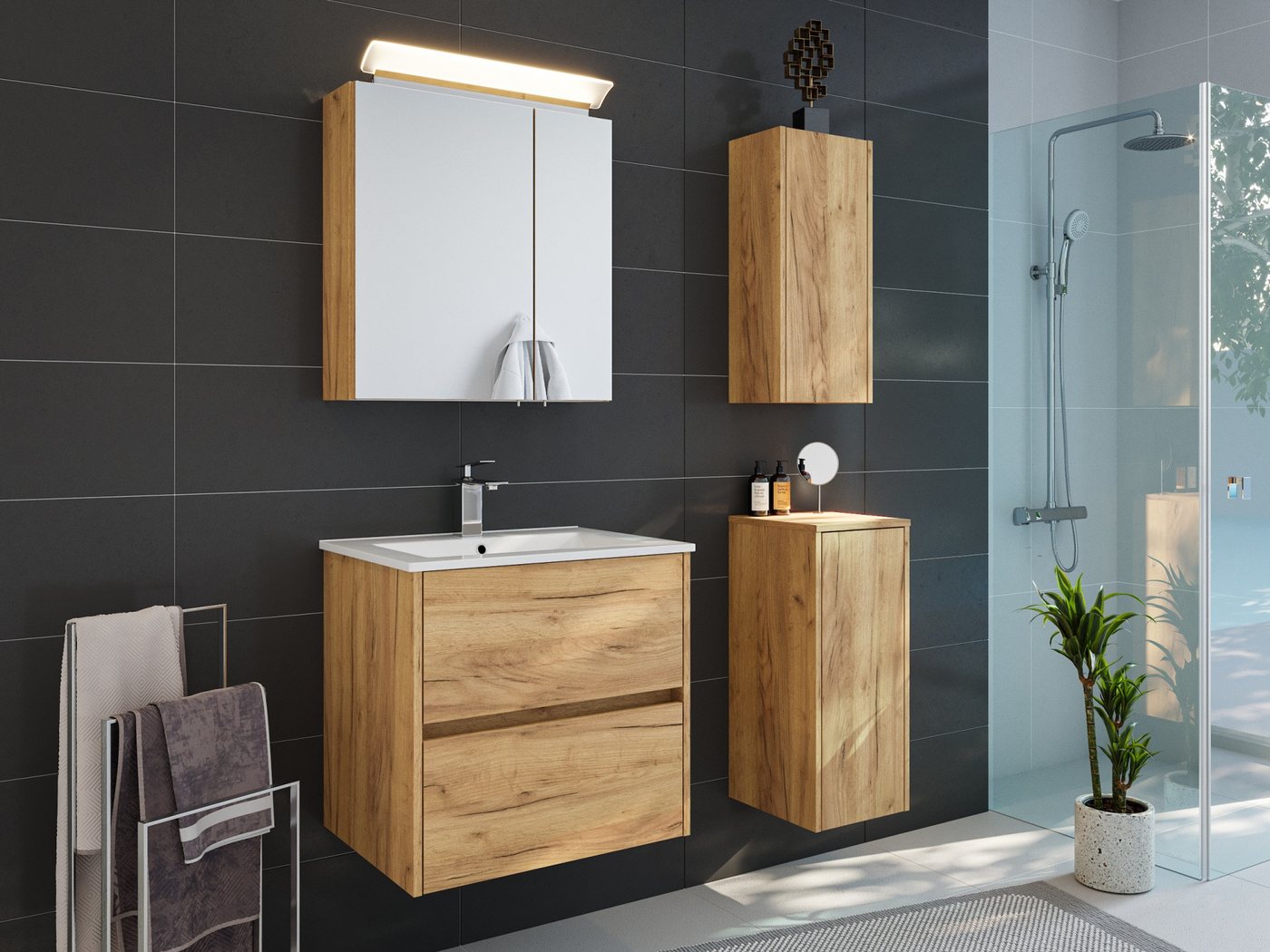 Magnolia Home Badmöbel-Set Badmöbelset Taifun 60cm 4tlg mit Spiegelschrank & 2x Badschrank eiche von Magnolia Home